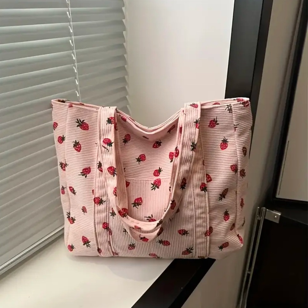 NIP Adorable 🍓 Corduroy Strawberry Tote Bag Commuter Travel Study Work Gift